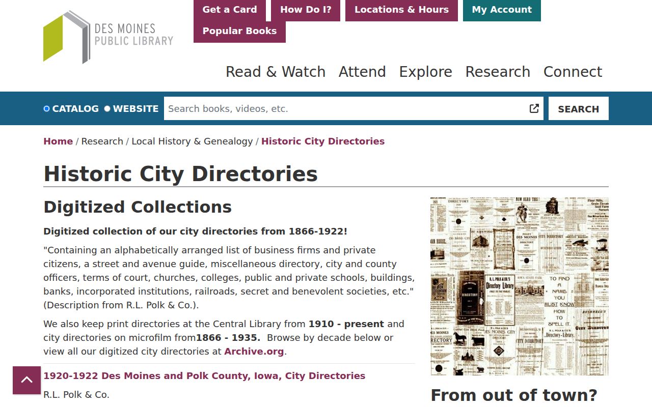 West Des Moines city directory collection page at Des Moines Public Library
