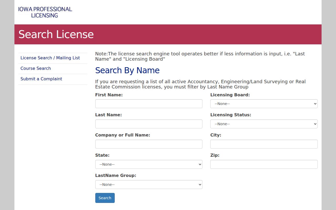 Iowa professional license search used to verify a West Des Moines public credential