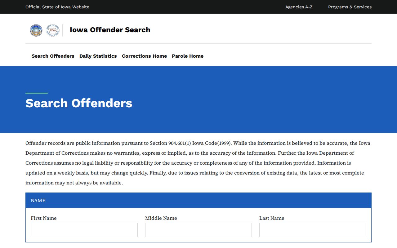 Iowa Department of Corrections offender search fields for West Des Moines name verification