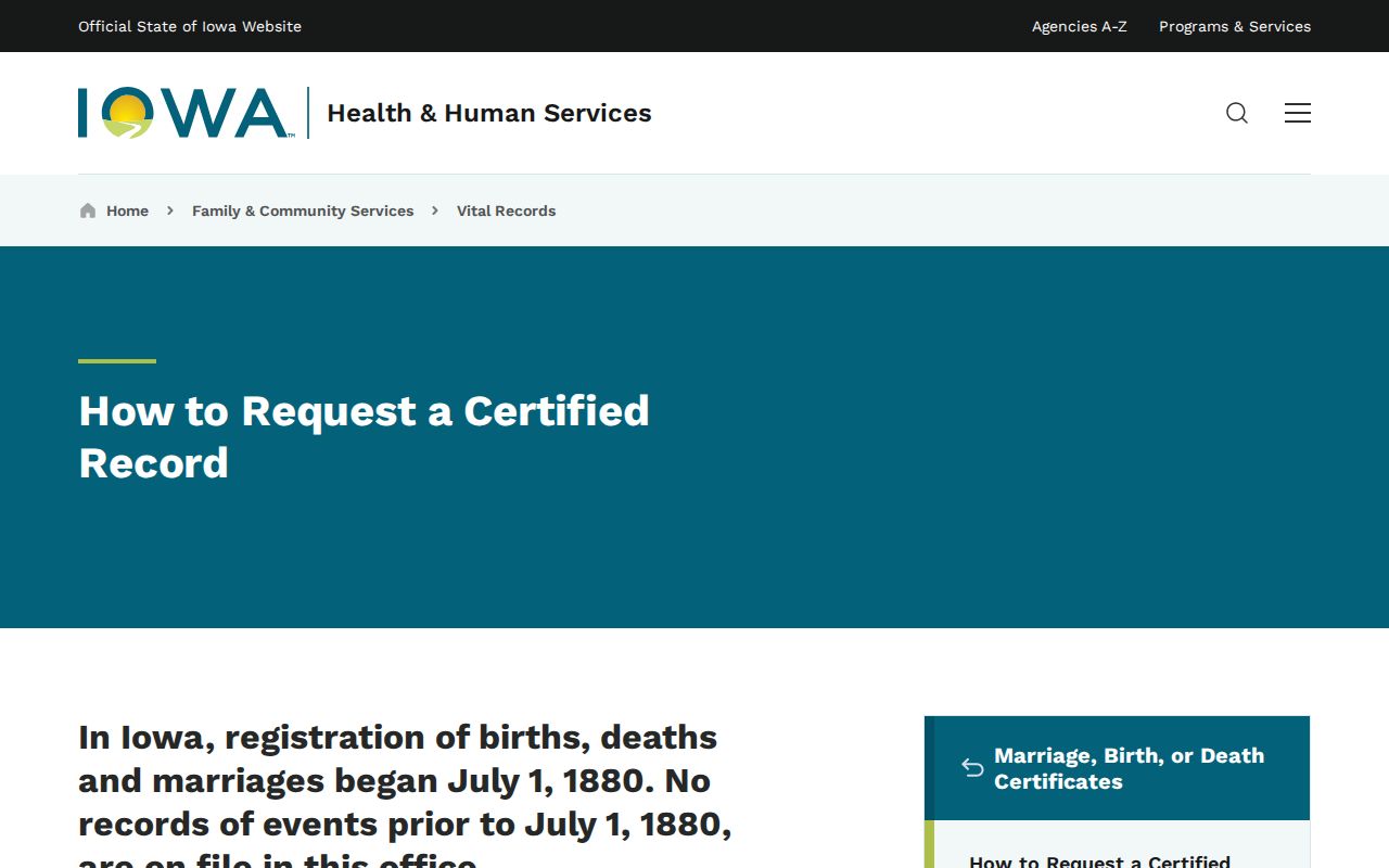 Iowa HHS certified vital records request information for West Des Moines research